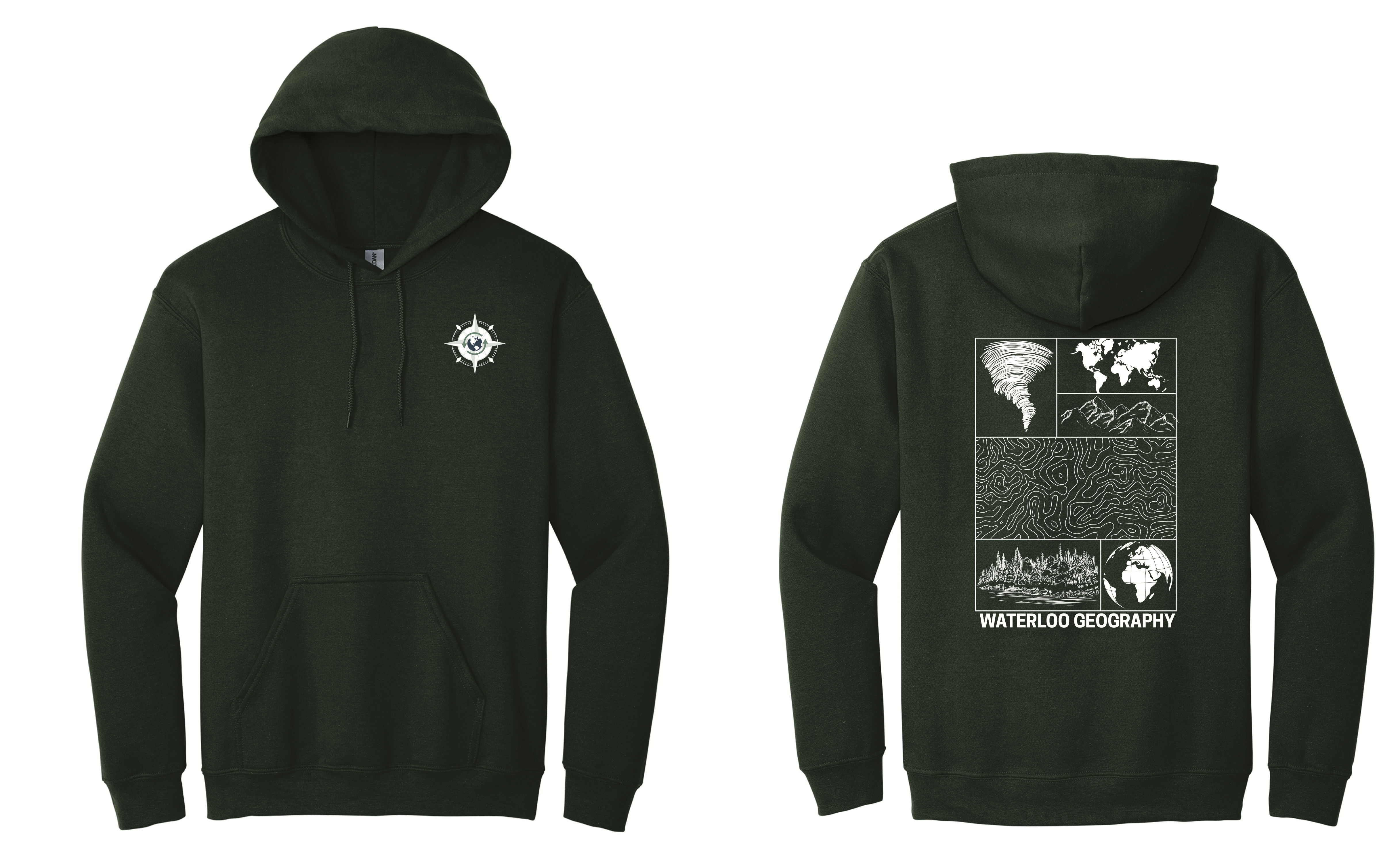 Dark green WAGS Hoodie featuring a compass logo on the front and geography-themed graphics with "Waterloo Geography" on the back—a must-have from WAGS Apparel.