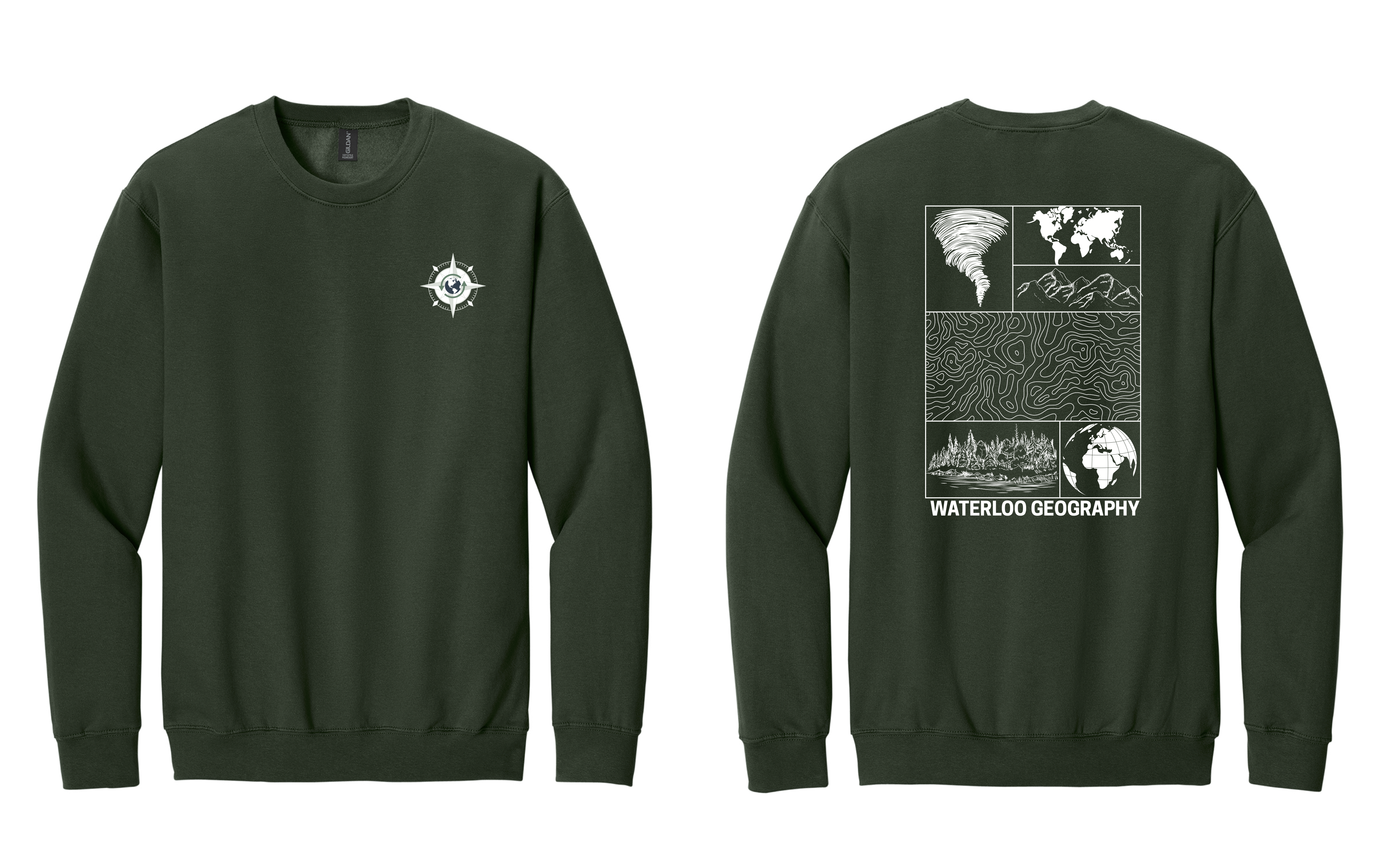 Dark green WAGS Sweatshirt featuring a compass logo on the front and geography-themed graphics with "WATERLOO GEOGRAPHY" text on the back.