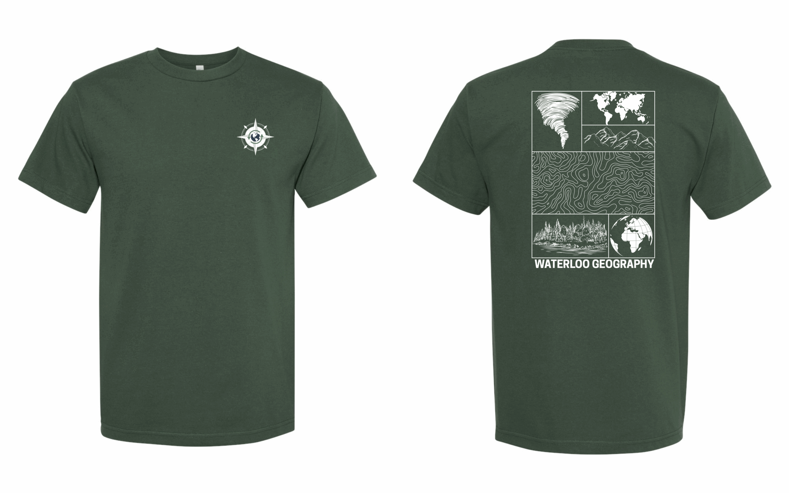 Dark green WAGS T-Shirt with a compass logo on the front and geography graphics on the back, labeled "Waterloo Geography".