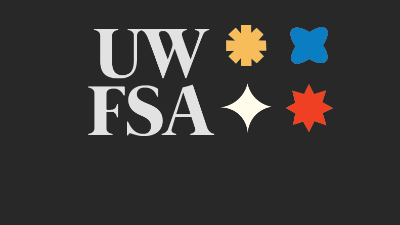 White "UW FSA" text with four colorful geometric shapes on a dark background, inspired by the vibrant spirit of Parol Express.