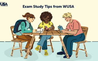 Three students sit at a table studying with books and notes, the text "Exam Study Tips from WUSA" above them.