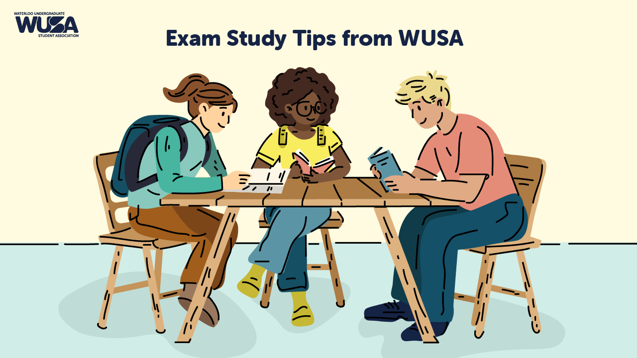 Three students sit at a table studying with books and notes, the text "Exam Study Tips from WUSA" above them.