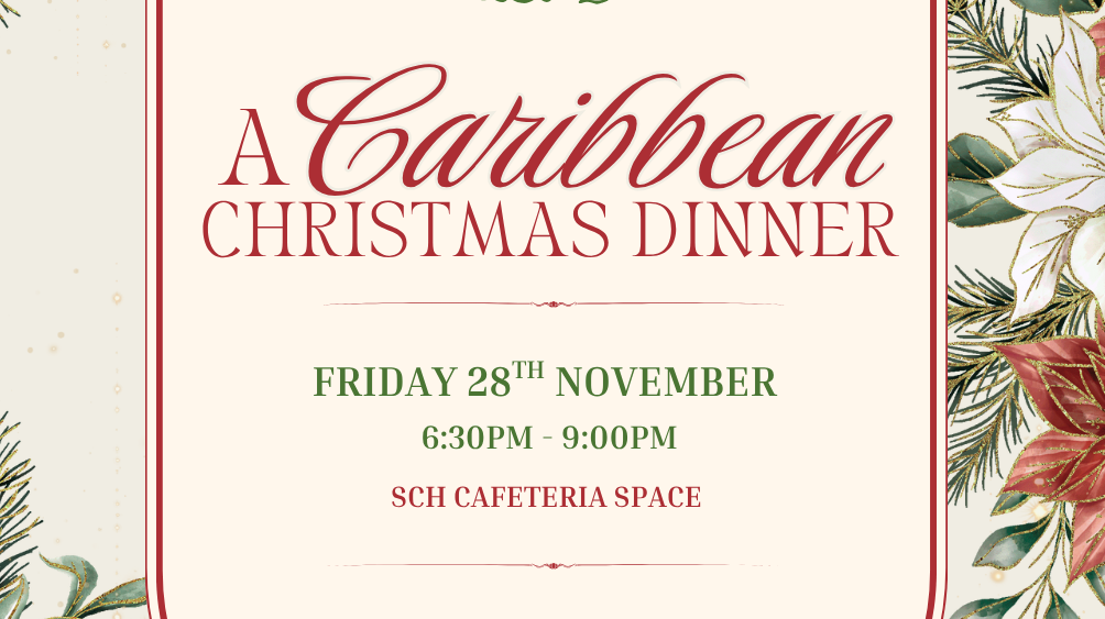 Festive poster for a Caribbean Christmas Dinner on November 28, featuring holiday decorations and event details. Celebrate the season with delicious flavors at this special Caribbean Christmas gathering!.