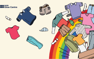 Cartoon clothes and accessories soar over a rainbow, celebrating Trans Awareness Week, with the "WUSA Glow Centre" logo in the top left corner—perfect for promoting a Clothing Swap event.