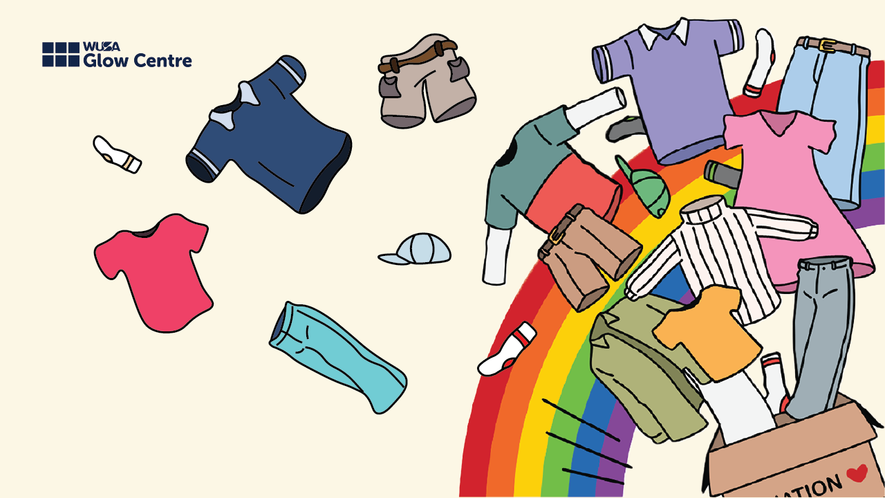 Cartoon clothes and accessories soar over a rainbow, celebrating Trans Awareness Week, with the "WUSA Glow Centre" logo in the top left corner—perfect for promoting a Clothing Swap event.