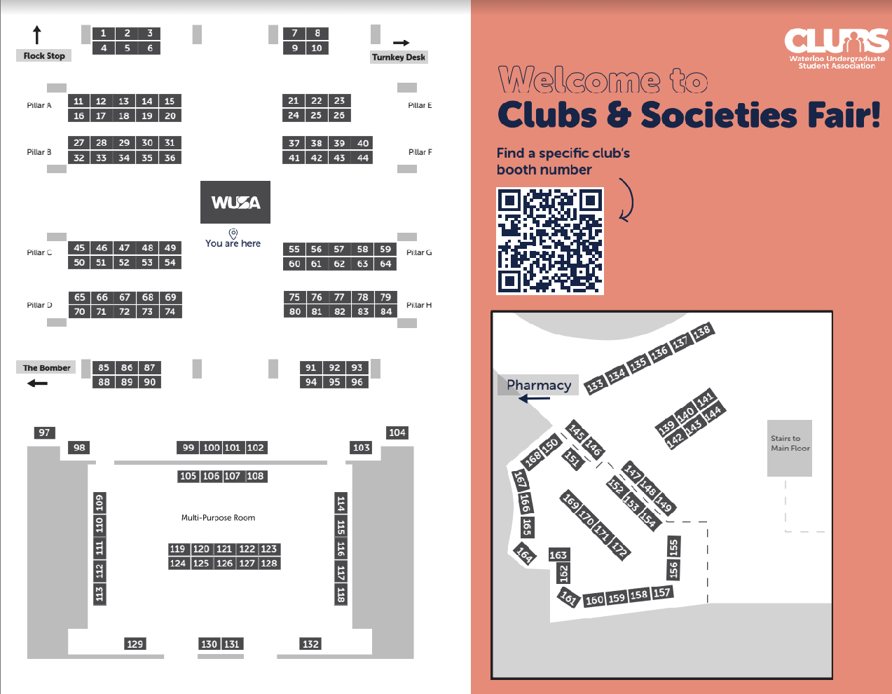 Floor map of a clubs fair with labeled booths, a QR code, and event welcome text on a pink background.