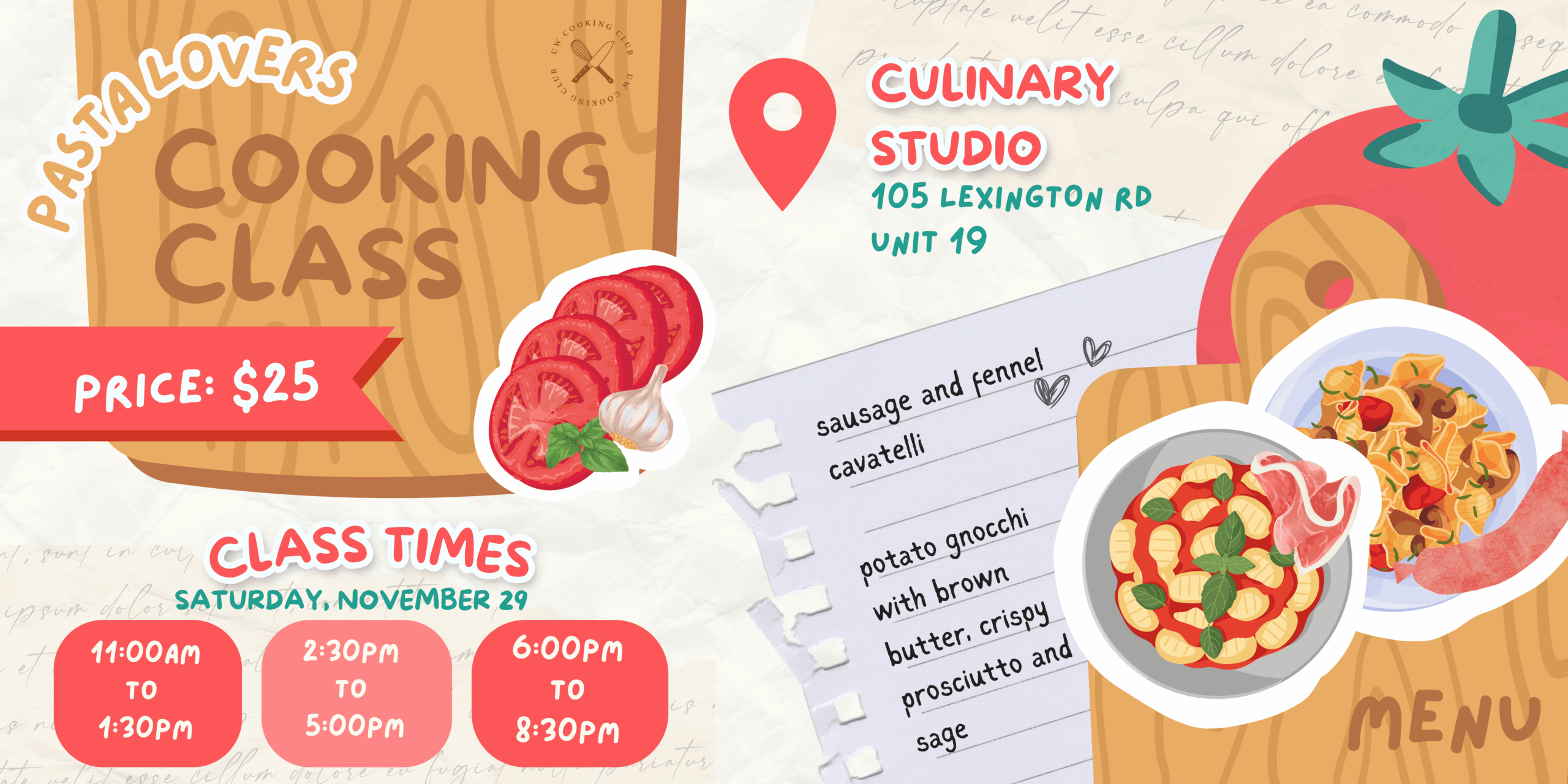 Colorful pasta cooking class flyer designed for pasta lovers, featuring times, price, menu items, and charming illustrated pasta and tomato graphics.