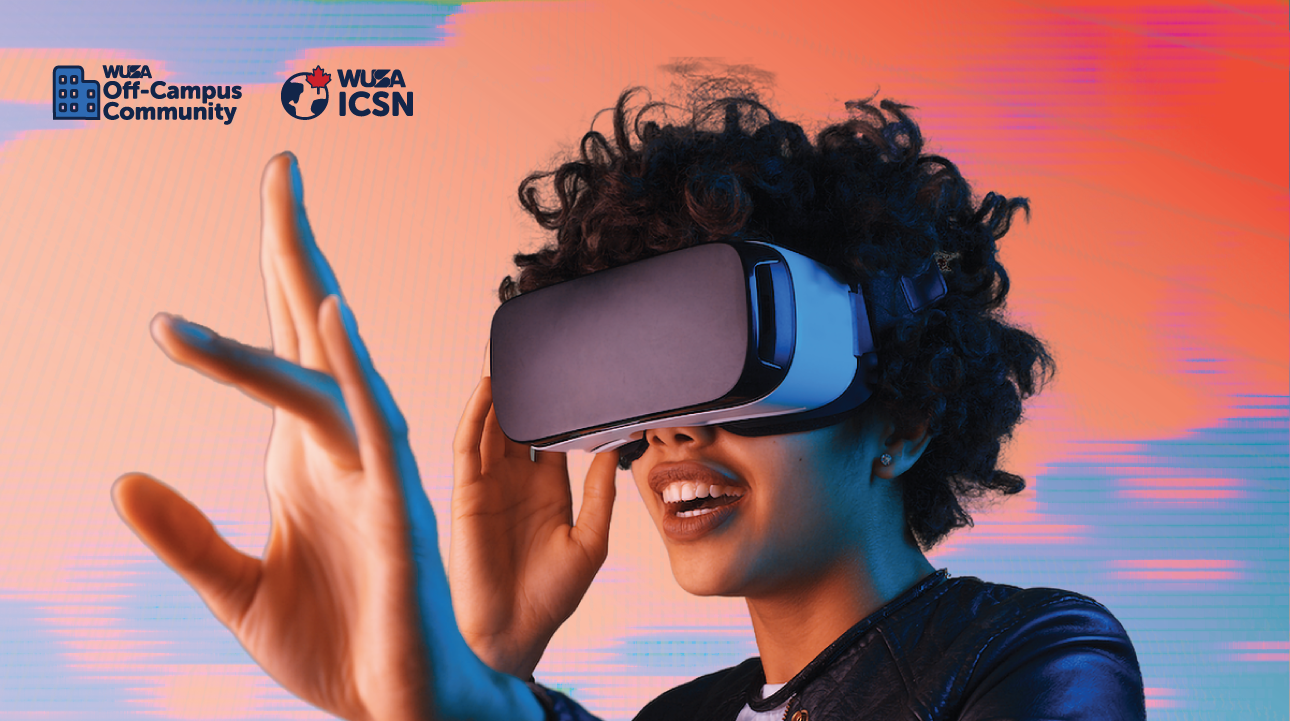 A person wearing a VRealm VR headset smiles and reaches forward, with colorful graphics in the background.