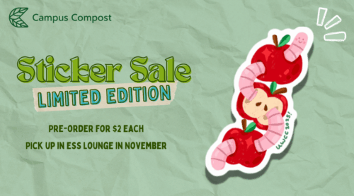 Pre-order the UW Campus Compost: Apple & Worm Sticker (1.45''x2'')—featuring a smiling pink worm and apples—for $2, and pick up in November at the ESS Lounge on UW Campus Compost!.