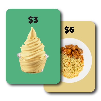 A $3 soft serve ice cream and a $6 plate of noodles with chicken shown on colored cards.