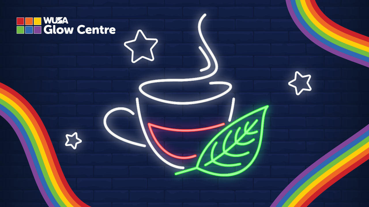 Neon tea cup with steam, a green leaf symbolizing health and wellness, stars, and rainbow borders on a dark brick background. Perfect for celebrating Wellness Wednesdays.