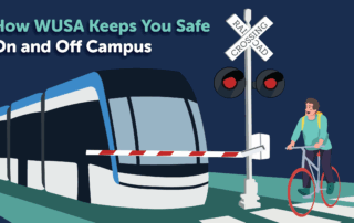 A cyclist stops at a train crossing as a train passes.