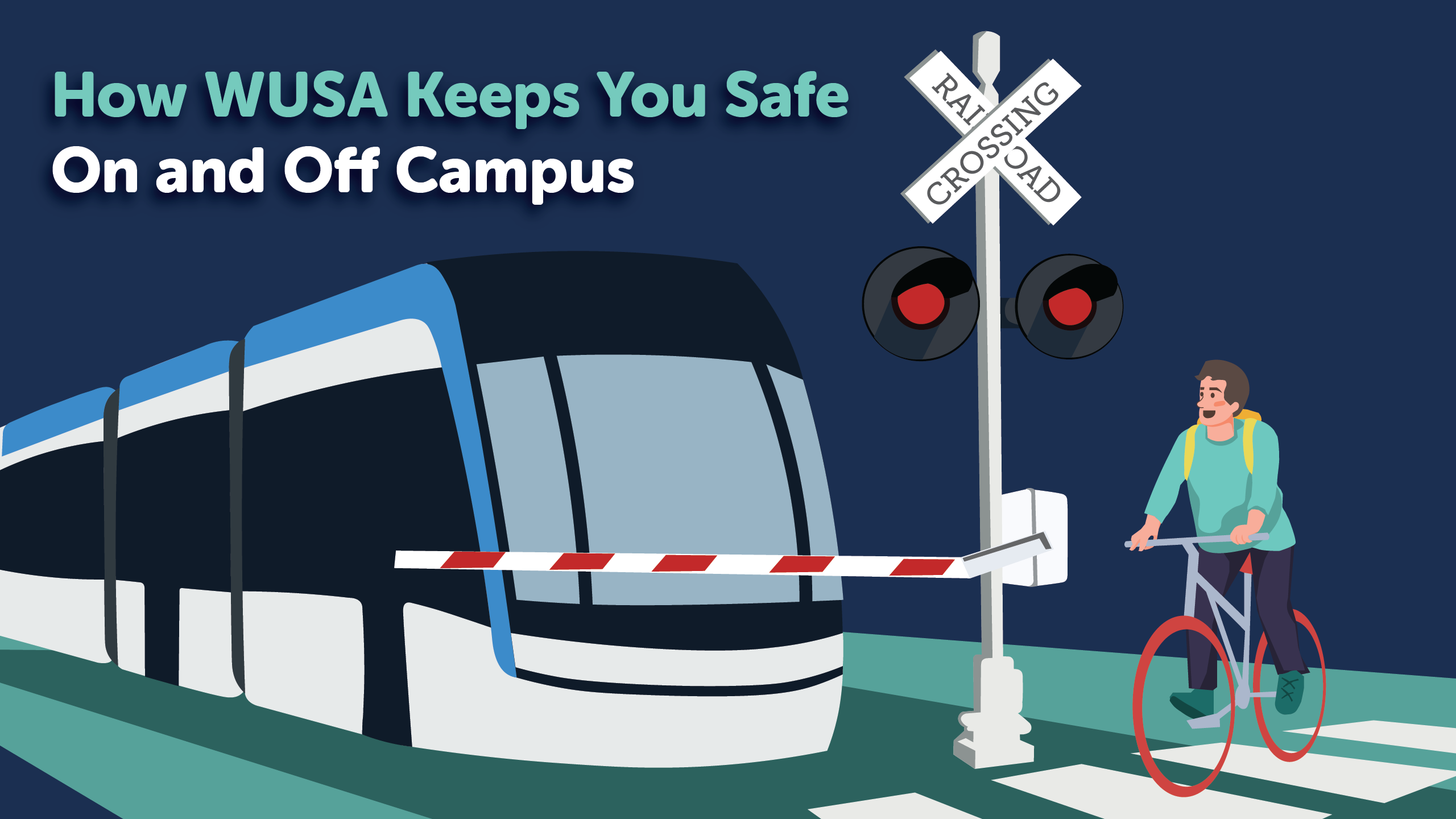 A cyclist stops at a train crossing as a train passes.