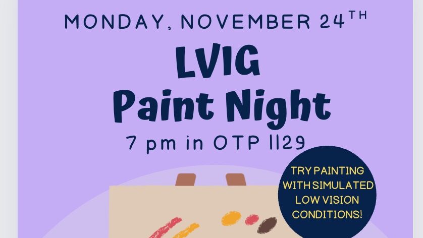 Flyer for the LVIG Paint Night on November 24, featuring art supplies and event details—plus OPT 1129 info—all set against a vibrant purple background.