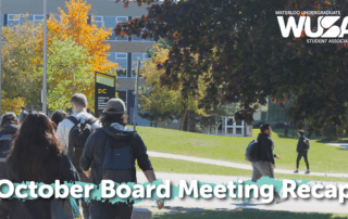 Students walk on a tree-lined campus pathway; text reads "October Board Meeting Recap",