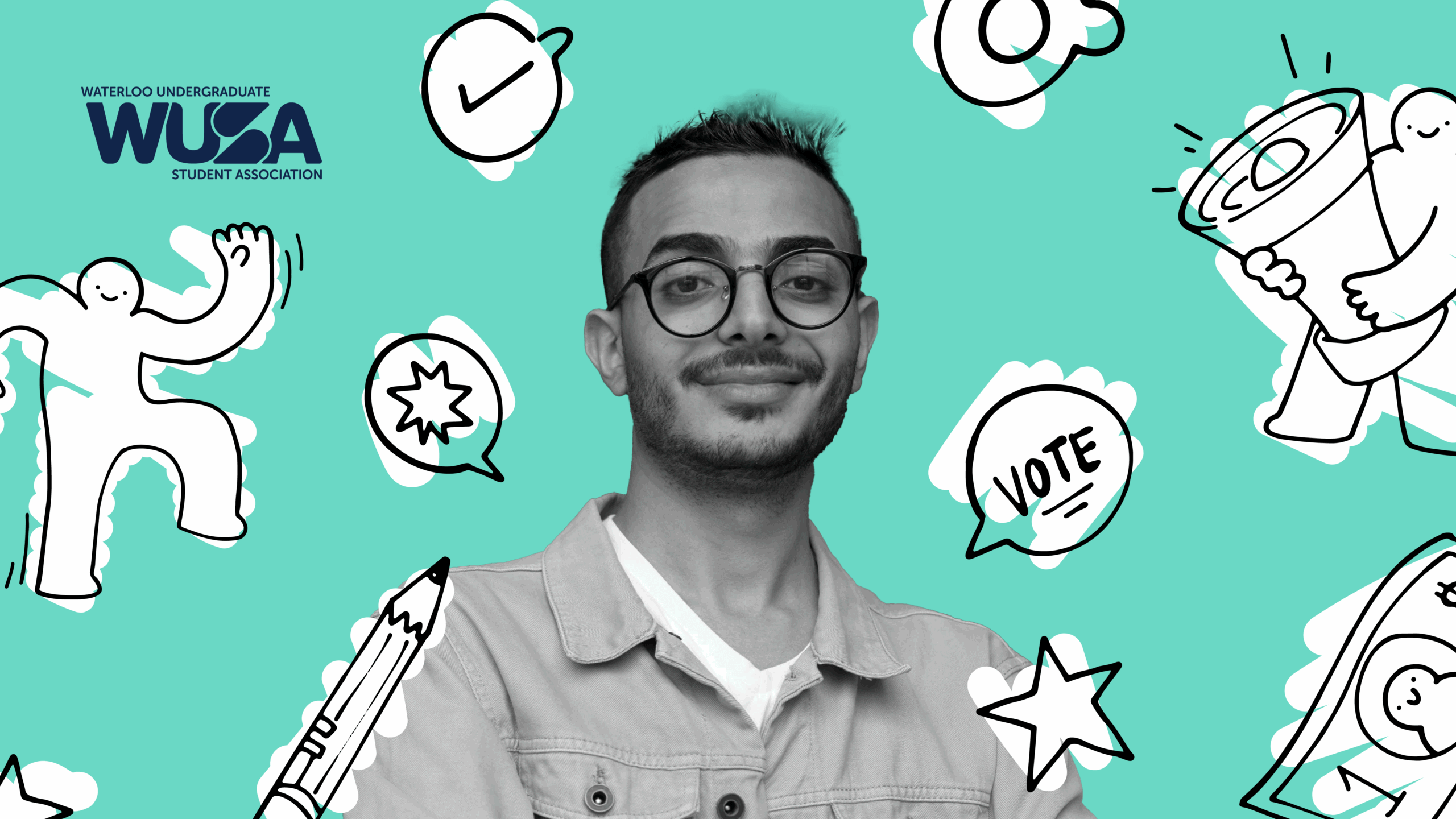 Smiling student with glasses on a teal background featuring doodles, WUSA logo, and voting-themed icons promotes Nominations for the 2026-27 WUSA General Elections.