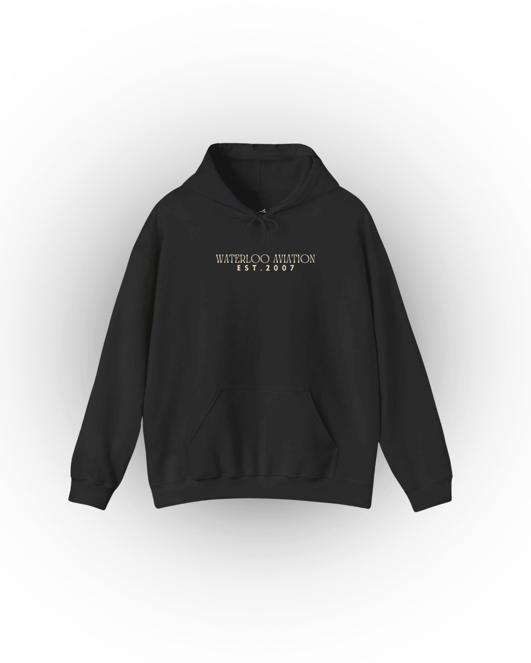 Black hoodie from the UWAS Winter Merch Drop, featuring "WATERLOO AVIATION EST. 2007" in white print on the chest, shown on a white background.