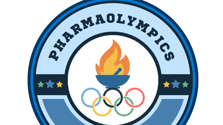 A circular "PharmaOlympics" logo featuring a torch, Olympic rings, "Est. 2029," and a subtle nod to Rx2029—perfect for celebrating Phrosh Week.