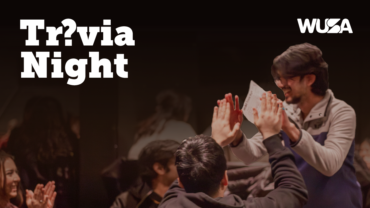 People high-fiving at a lively Trivia Night event, with "Trivia Night" and "WUSA" text featured on the image.