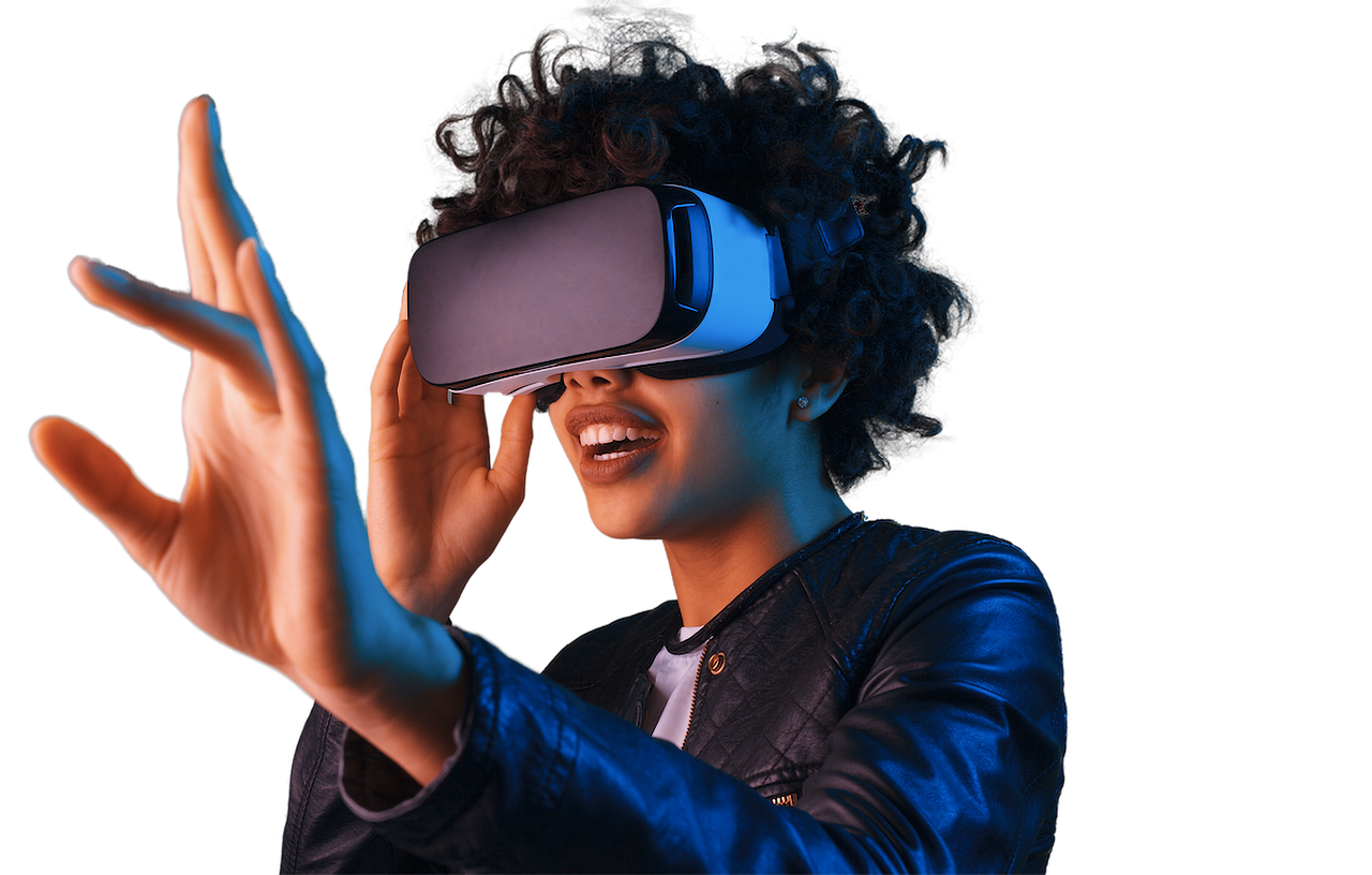 Person wearing a VRealm VR headset, reaching out with one hand and smiling against a white background.