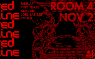 Red, glitchy text spells out "REDLINE" and "ROOM 47 NOV 27," featuring a lineup of UWDJ names against a stark black background.