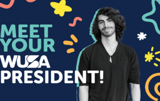 WUSA President Damian Mikhail, a young man with long curly hair stands against a navy background with swirl and star doodles, with the title "Meet Your WUSA President".