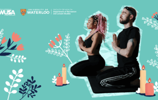 Two people meditating on mats, surrounded by illustrated flowers and candles on a teal background, create a peaceful scene perfect for Wellness Week.