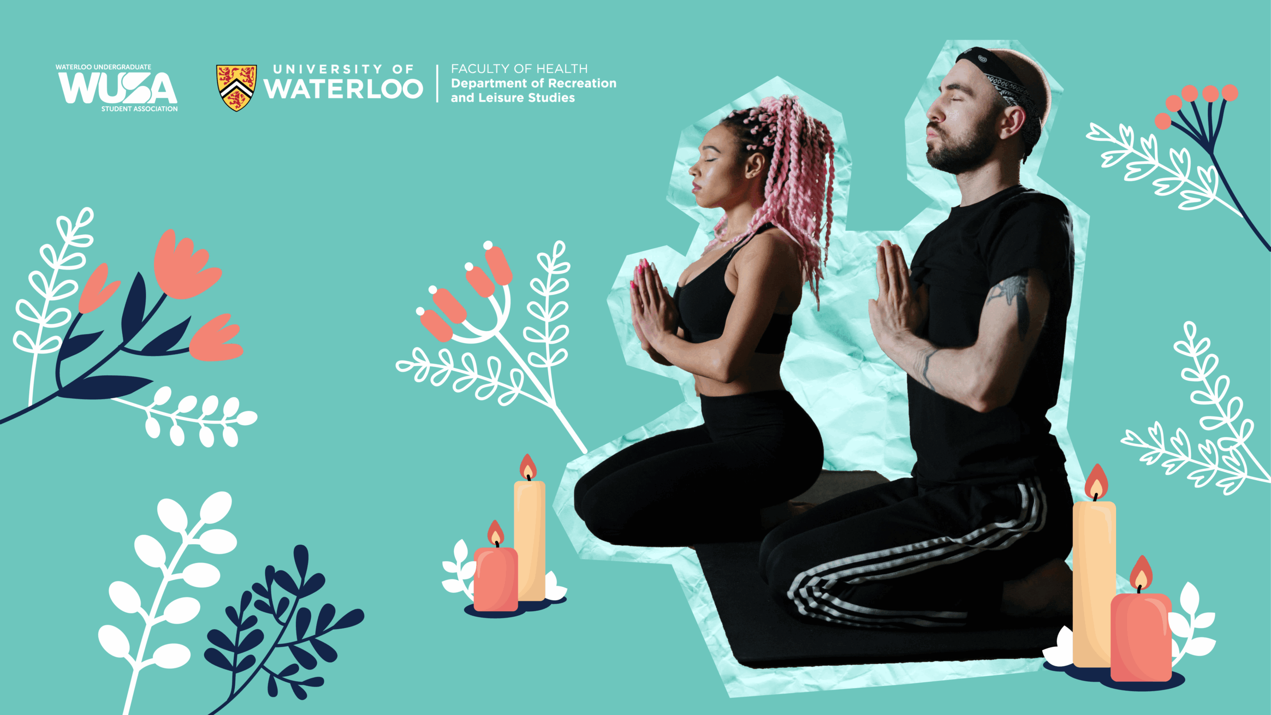Two people meditating on mats, surrounded by illustrated flowers and candles on a teal background, create a peaceful scene perfect for Wellness Week.
