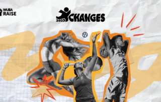 Three athletes play volleyball, tennis, and basketball with "2023 Changes" text and energetic graphic elements, showcasing the spirit of Mentorship Through Play as part of the XChanges Speaker Series.