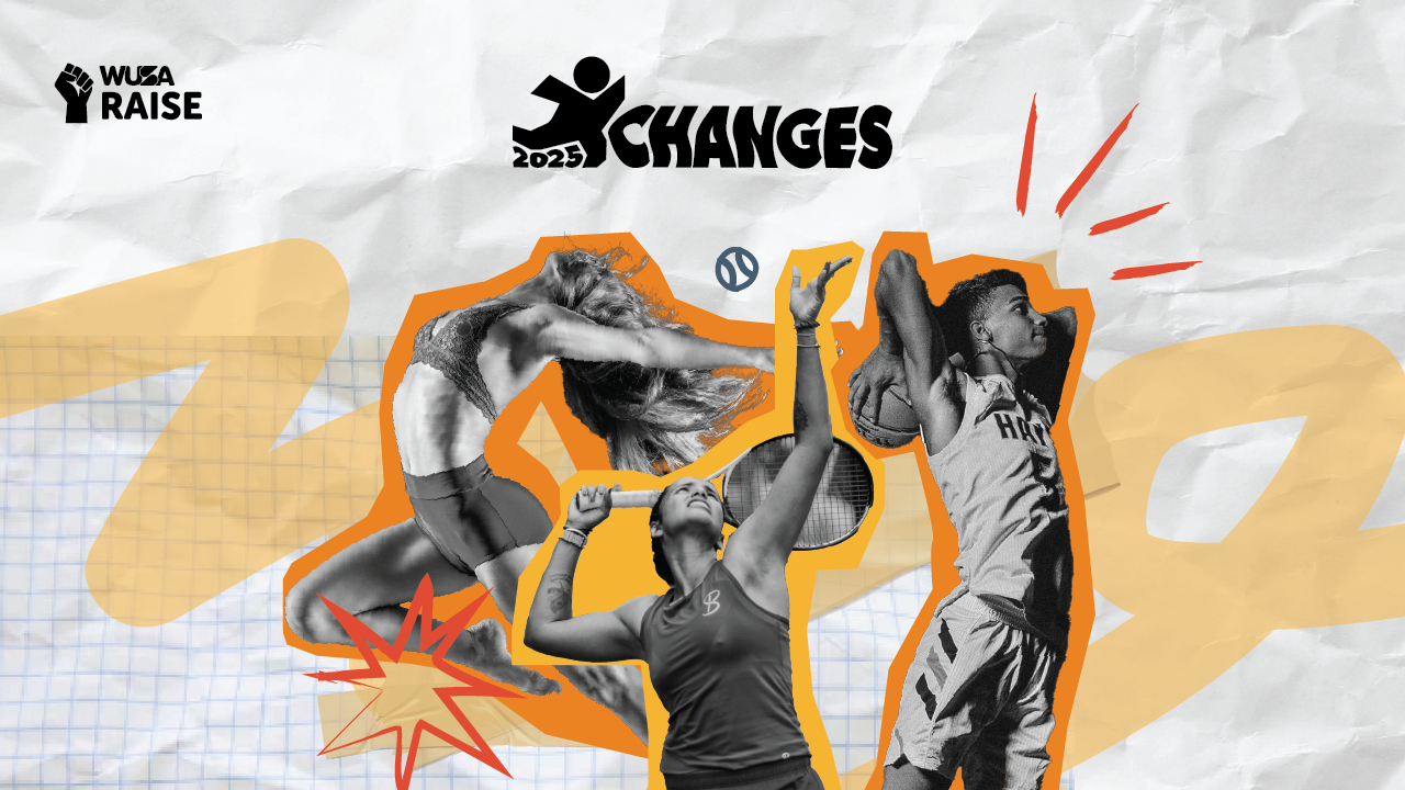Three athletes play volleyball, tennis, and basketball with "2023 Changes" text and energetic graphic elements, showcasing the spirit of Mentorship Through Play as part of the XChanges Speaker Series.