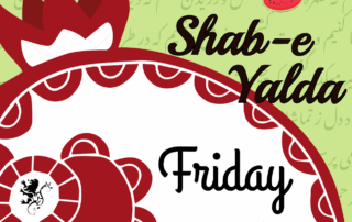 Vibrant ISAW Yalda Night event poster featuring date, time, location, and a festive pomegranate illustration.