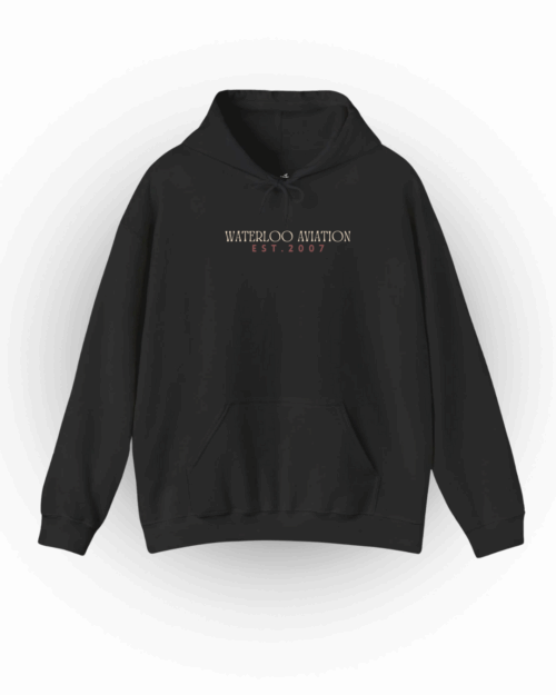 Front of black hoodie from the UWAS Winter Merch Drop featuring "WATERLOO AVIATION EST. 2007" printed in bold white and orange text on the chest.