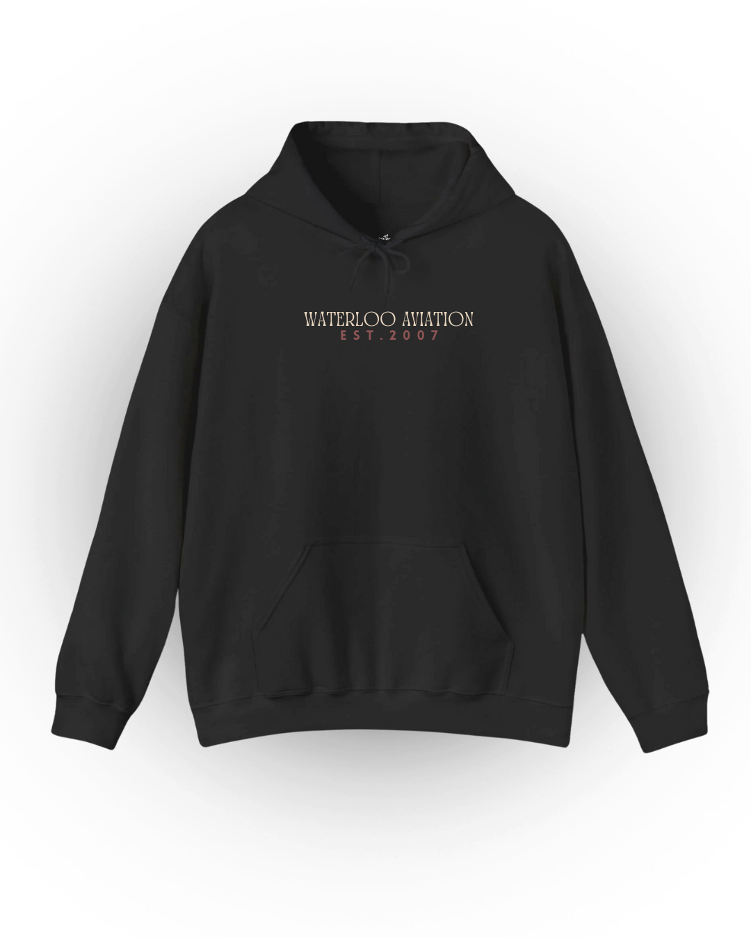 Front of black hoodie from the UWAS Winter Merch Drop featuring "WATERLOO AVIATION EST. 2007" printed in bold white and orange text on the chest.
