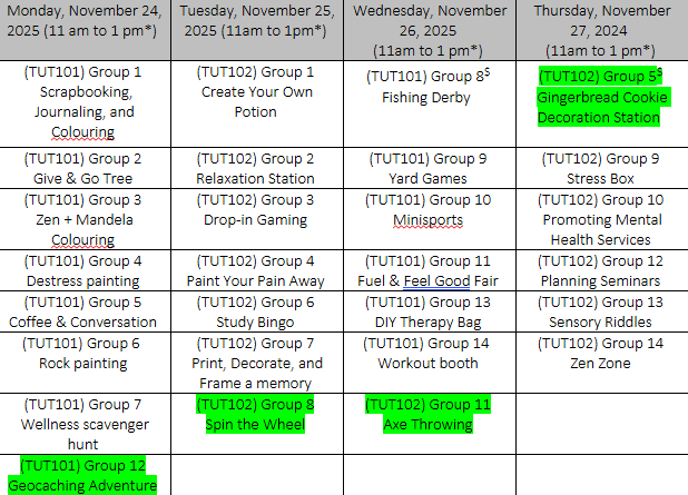 A schedule of group activities for Wellness Week, with some events highlighted in green.