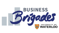 Business Brigades logo with bar chart, University of Waterloo crest and text, highlighting the Global Business focus.