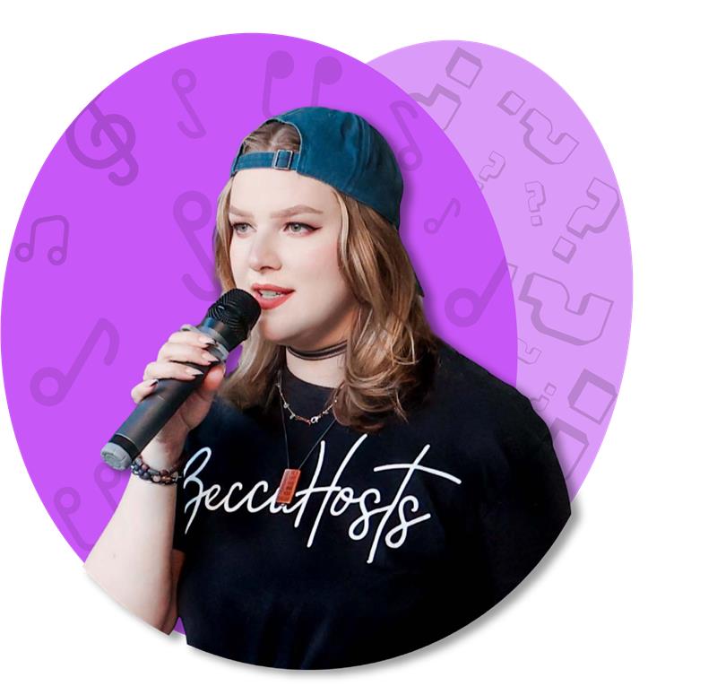 Young woman in a cap and "Becca Hosts" shirt holding a microphone, ready to kick off Trivia Night against a vibrant purple musical background.