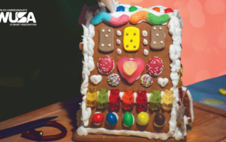 A gingerbread house decorated with colorful candies and icing on a wooden table; WUSA logo in top left corner.