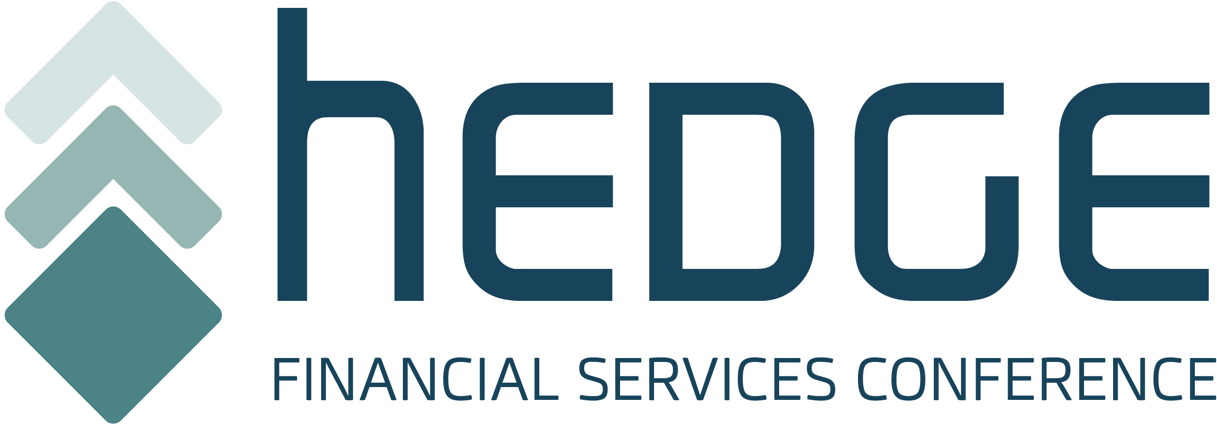 Logo for "Hedge Financial Services Conference" features three stacked diamond shapes on the left, representing the prestigious hEDGE Conference in Financial Services.