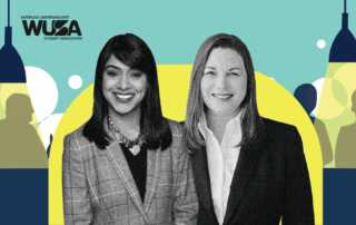 Two women in professional attire smiling, with a WUSA logo and abstract background behind them.
