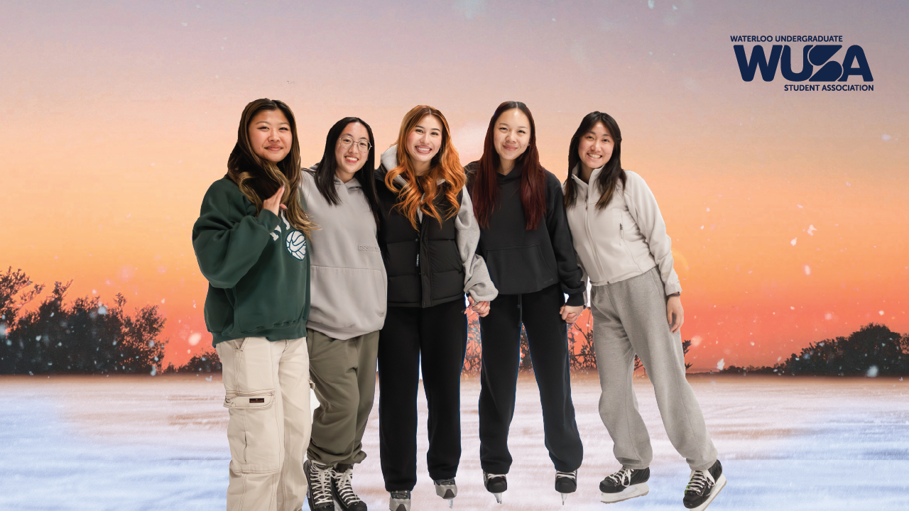 Five smiling women, true Warriors on Ice, stand on snow holding hands, with a sunset sky and WUSA logo in the background.
