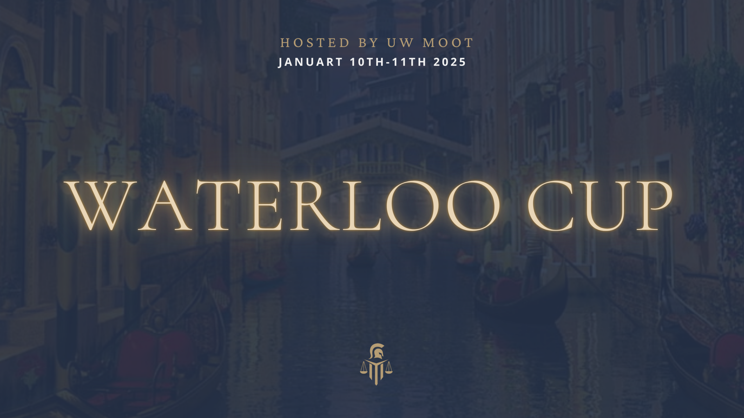 Event poster for the Waterloo Cup, hosted by UW Moot, January 10th-11th, 2025, featuring a striking canal background.