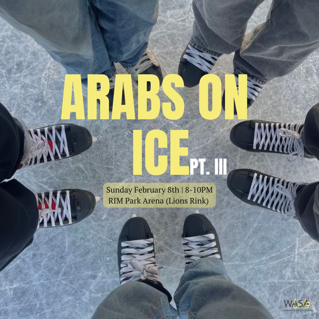 Five people wearing ice skates stand in a circle on an ice rink. The text highlights an event called "Arabs on Ice.