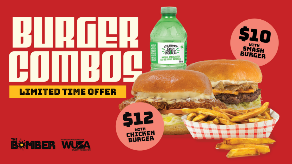 BomberW26_LTOCOMBO_Web Two burger combos with fries and a drink, prices shown for chicken and smash burgers, limited time offer.