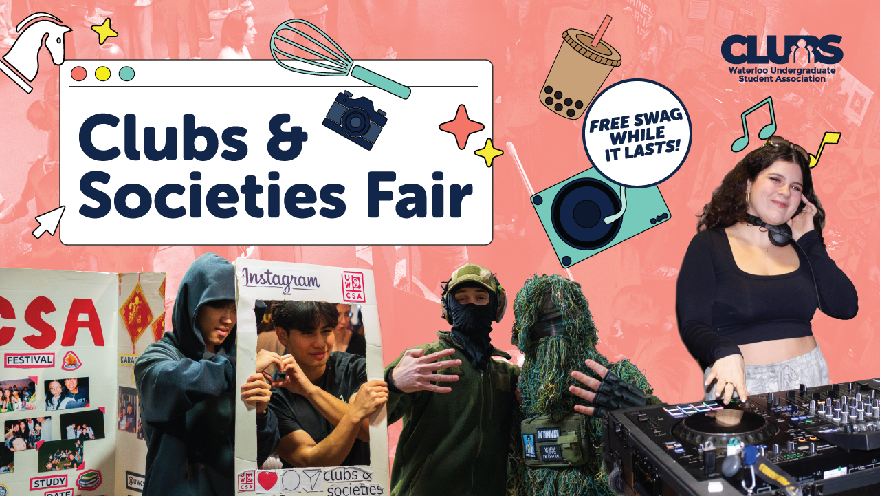 Clubs & Societies Fair poster featuring photos of students, DJ, vibrant club displays, and “free swag” text.