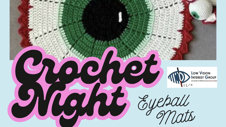 Round crocheted mats resembling eyeballs in green, white, and black yarn with red details. Perfect for Crochet Night or adding a quirky touch to your decor. Text: "Crochet Night." LVIG quality, style OPT 1129.