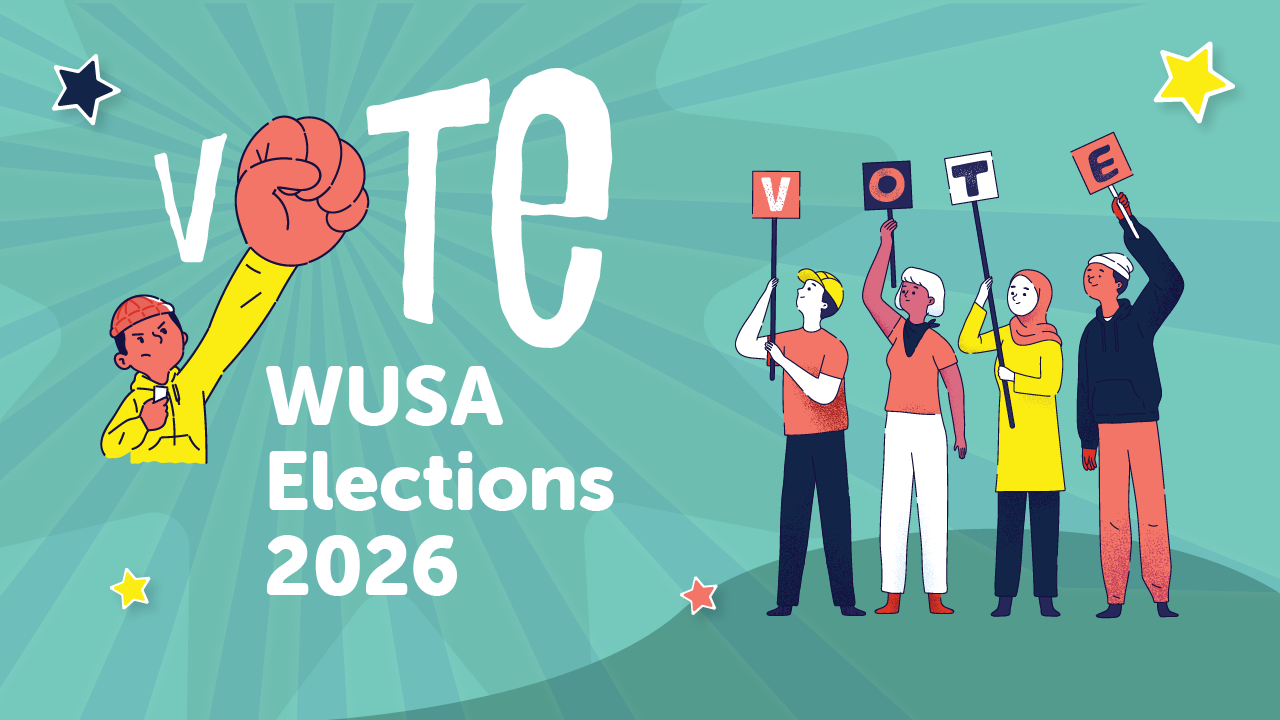 Illustration of diverse people holding "VOTE" signs with text: "WUSA Elections 2026. Booth Day. VOTE.