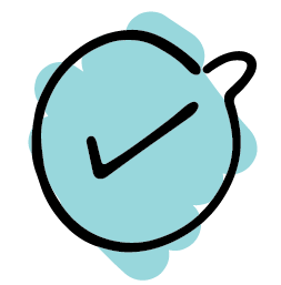 A black check mark inside a black circle over a blue abstract shape on a light background.