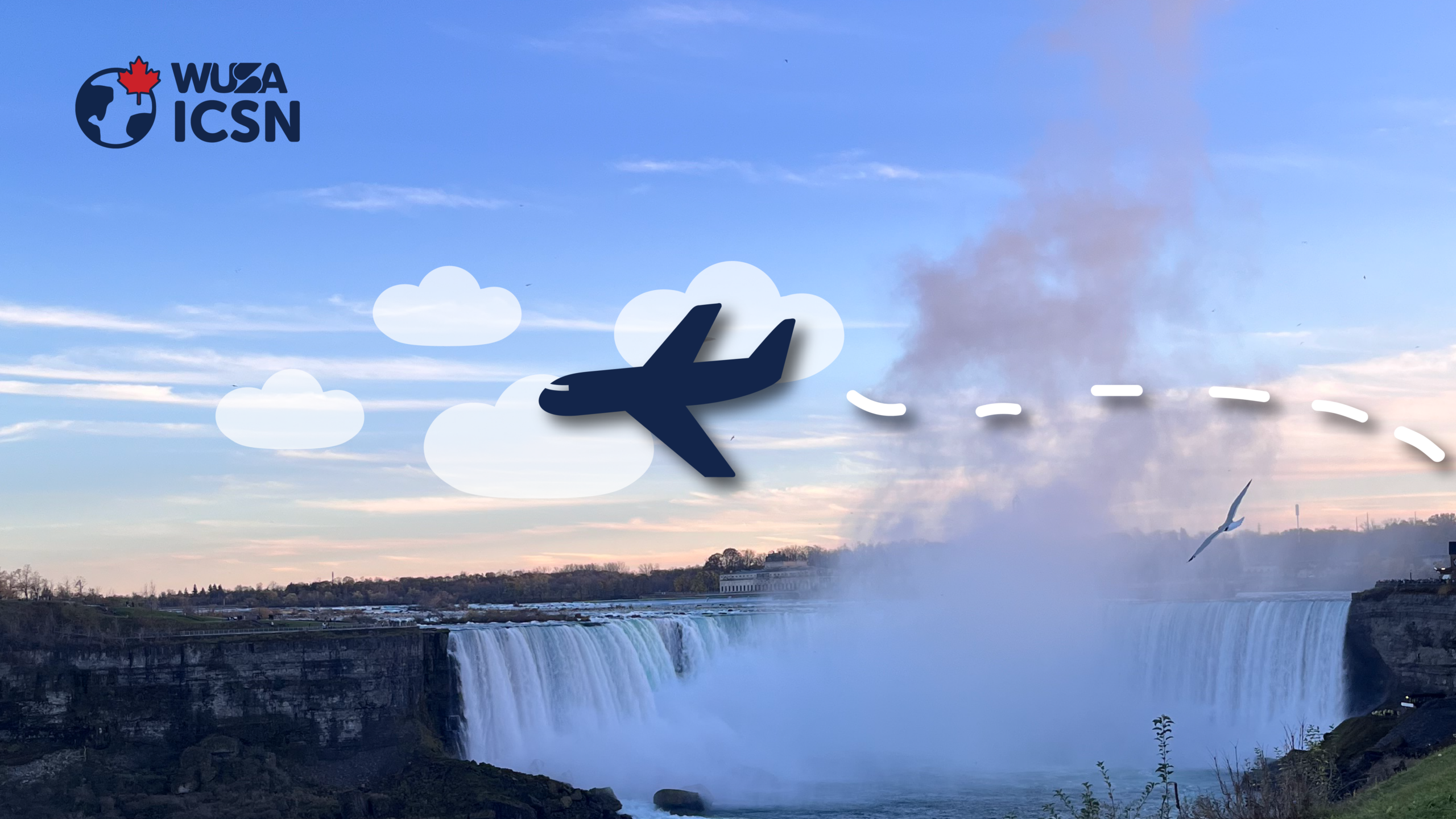 Illustration of an airplane soaring over the famous Niagara Falls, a popular tourist attraction, with the WUSA ICSN logo displayed in the sky.