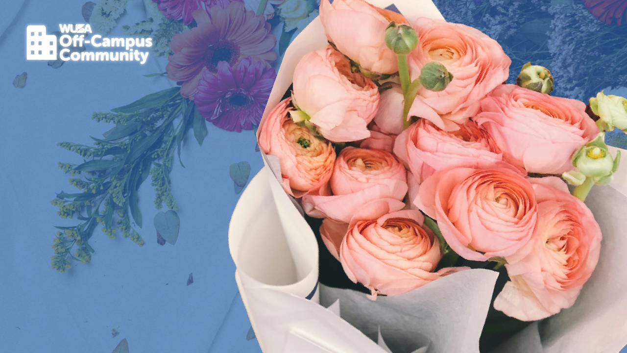 A bouquet of pink ranunculus flowers, crafted by Flower Studio, wrapped in white paper on a blue background with a community logo.