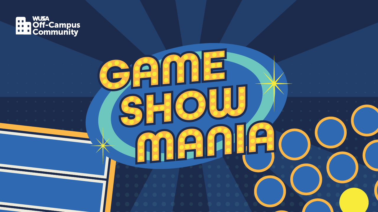 Vibrant "Game Show Mania" text with marquee lights shines against a backdrop of blue rays, featuring the Off-Campus Community logo in the corner for extra flair.